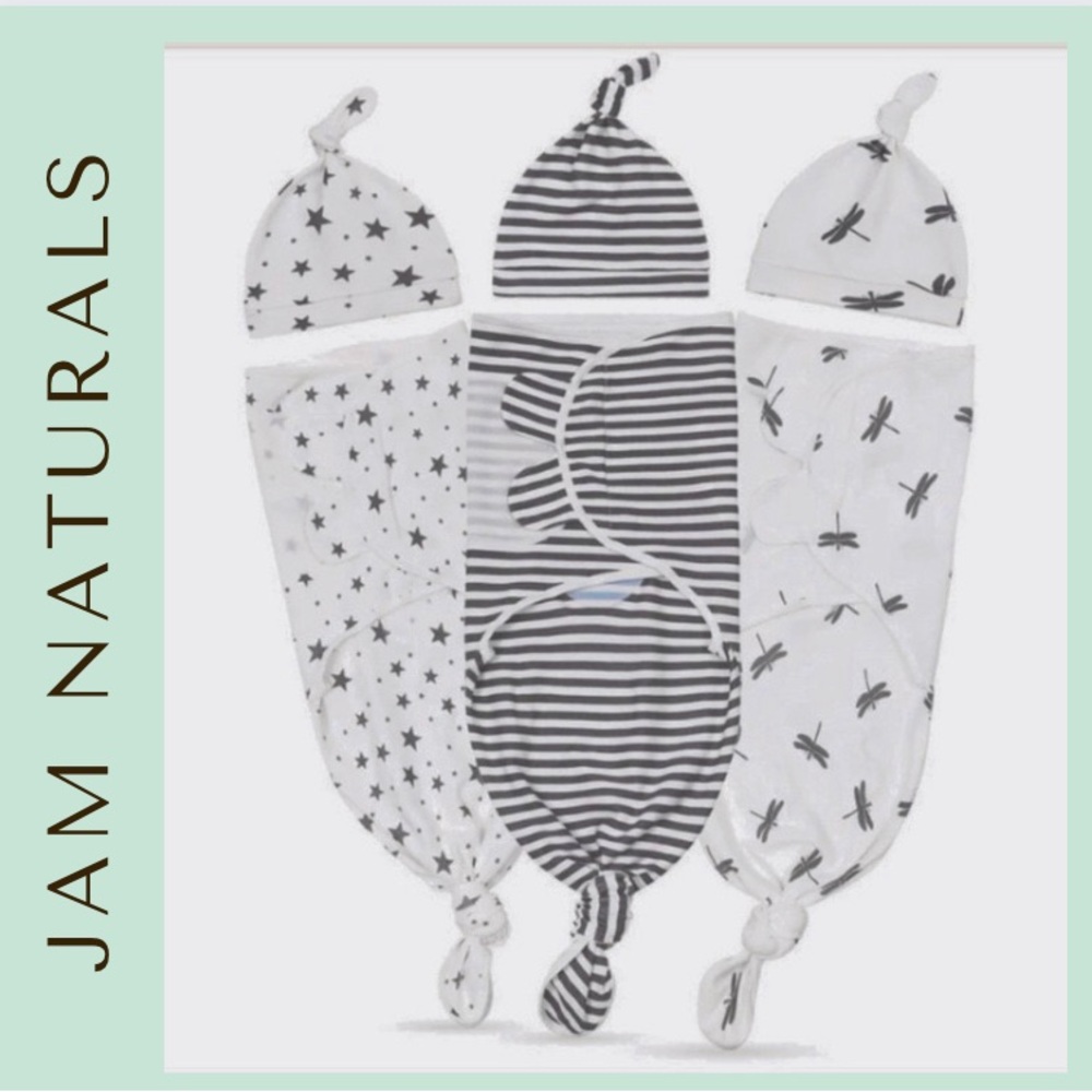 NIB Jam Naturals Swaddle & Hat 3pk